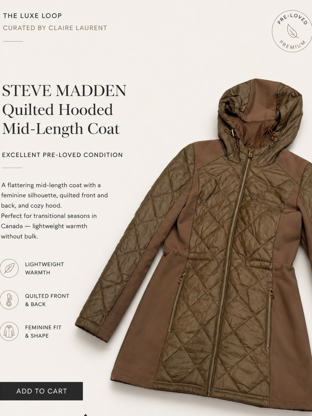 Steve Madden Olive and Brown Quilted Hooded Mid-Length Coat